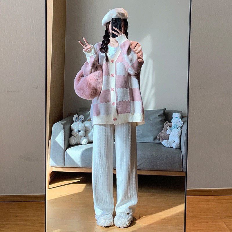 Áo Khoác Cardigan Nỉ Kẻ Caro Hồng Form Rộng Tay Phồng