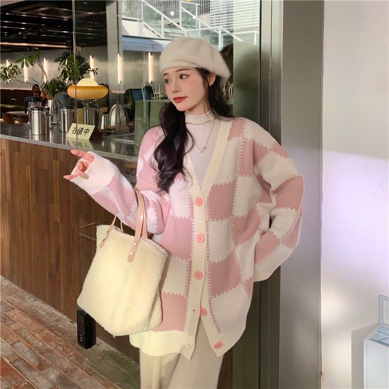 Áo Khoác Cardigan Nỉ Kẻ Caro Hồng Form Rộng Tay Phồng