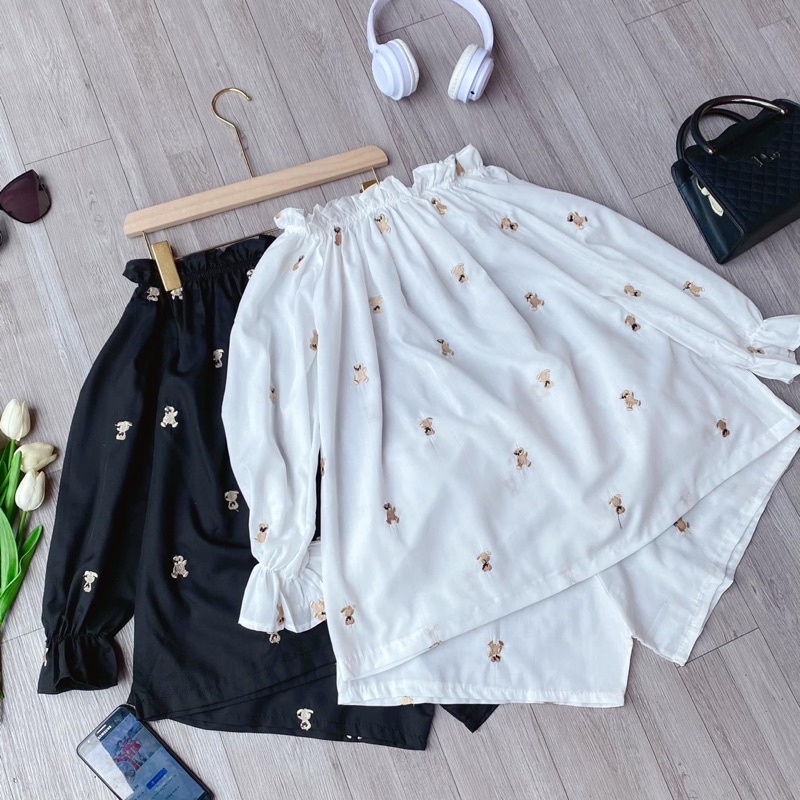 Set bộ áo bẹt vai thêu gấu quần đùi tay dài phom rộng