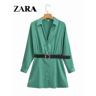 Morocco Zara Đầm Sơ Mi Tay Dài chất lụa mềm trơn
