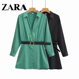 Morocco Zara Đầm Sơ Mi Tay Dài chất lụa mềm trơn