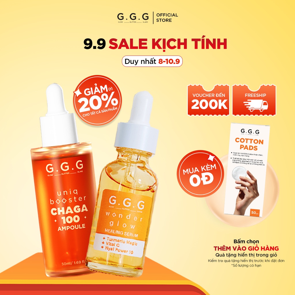 Combo Tinh Chất Phục Hồi Da Khỏe & Mờ Thâm Giảm Mụn GGG Booster Chaga 100 Ampoule & Healing Serum 50ml x 30ml