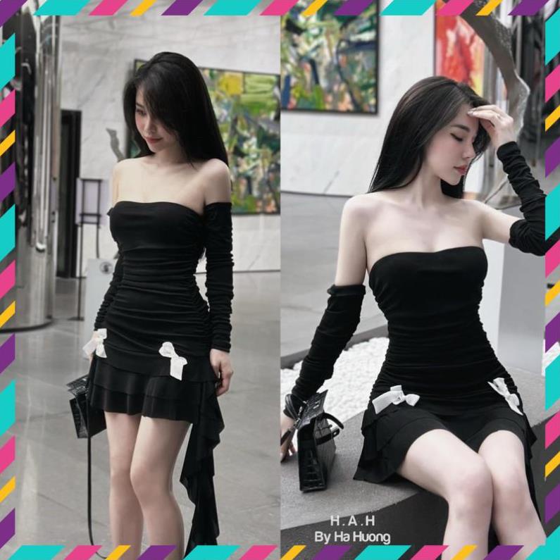 Đầm cúp ngực rúm xoè đính nơ kèm tay rời