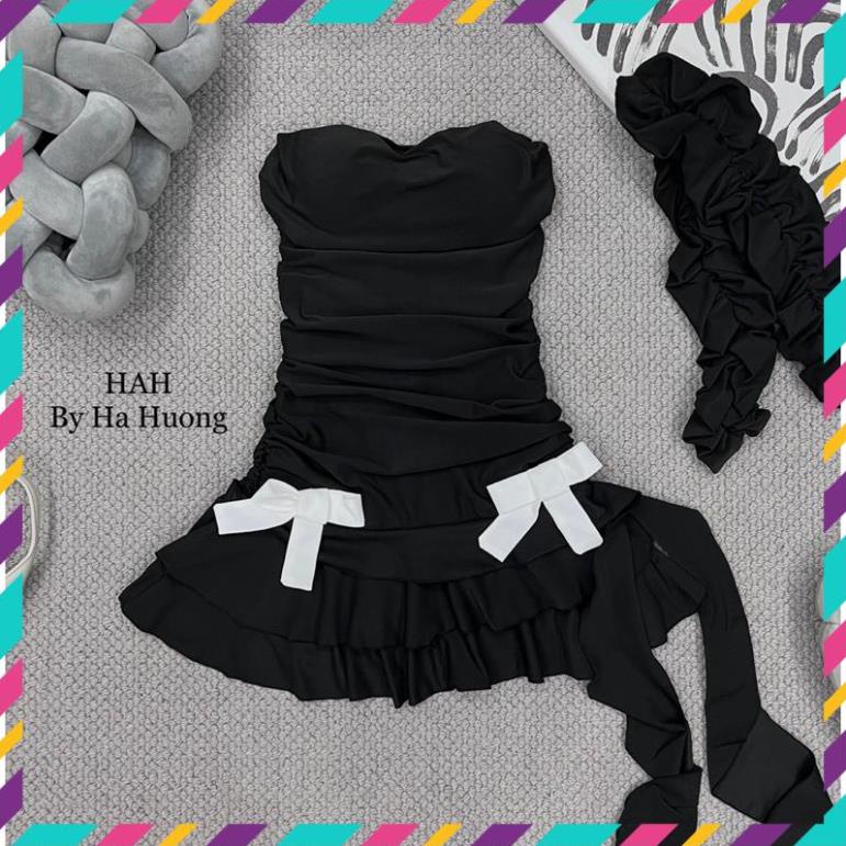 Đầm cúp ngực rúm xoè đính nơ kèm tay rời