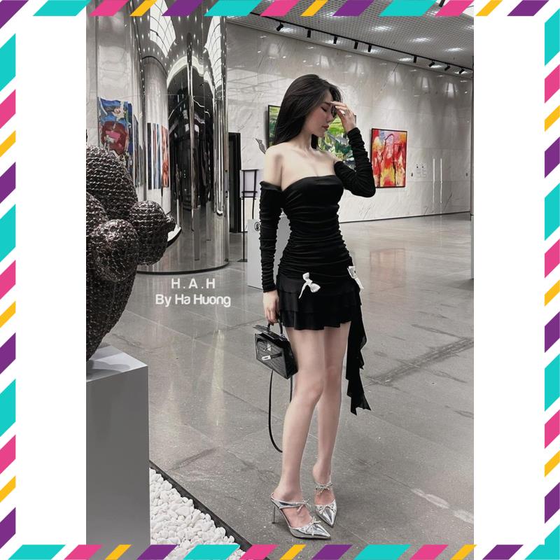 Đầm cúp ngực rúm xoè đính nơ kèm tay rời