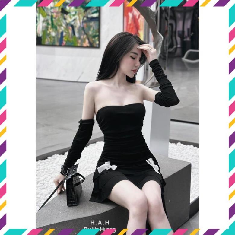 Đầm cúp ngực rúm xoè đính nơ kèm tay rời
