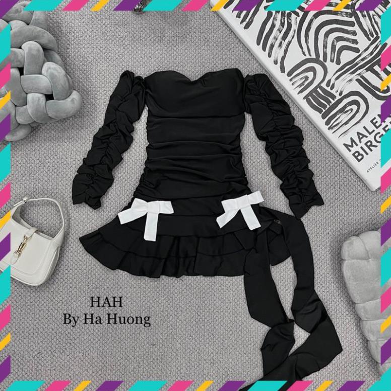 Đầm cúp ngực rúm xoè đính nơ kèm tay rời