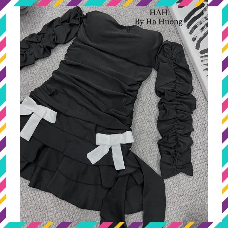 Đầm cúp ngực rúm xoè đính nơ kèm tay rời