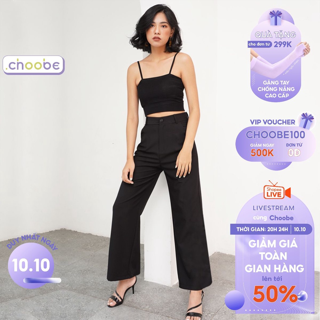 Quần ống rộng Choobe lưng cạp cao baggy vải cao cấp nữ dài suông loe culottes xuông màu đen Q01