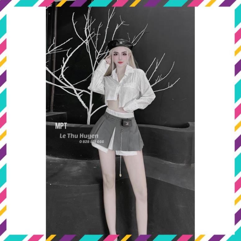 Set áo sơmi crotop + chân váy xoè