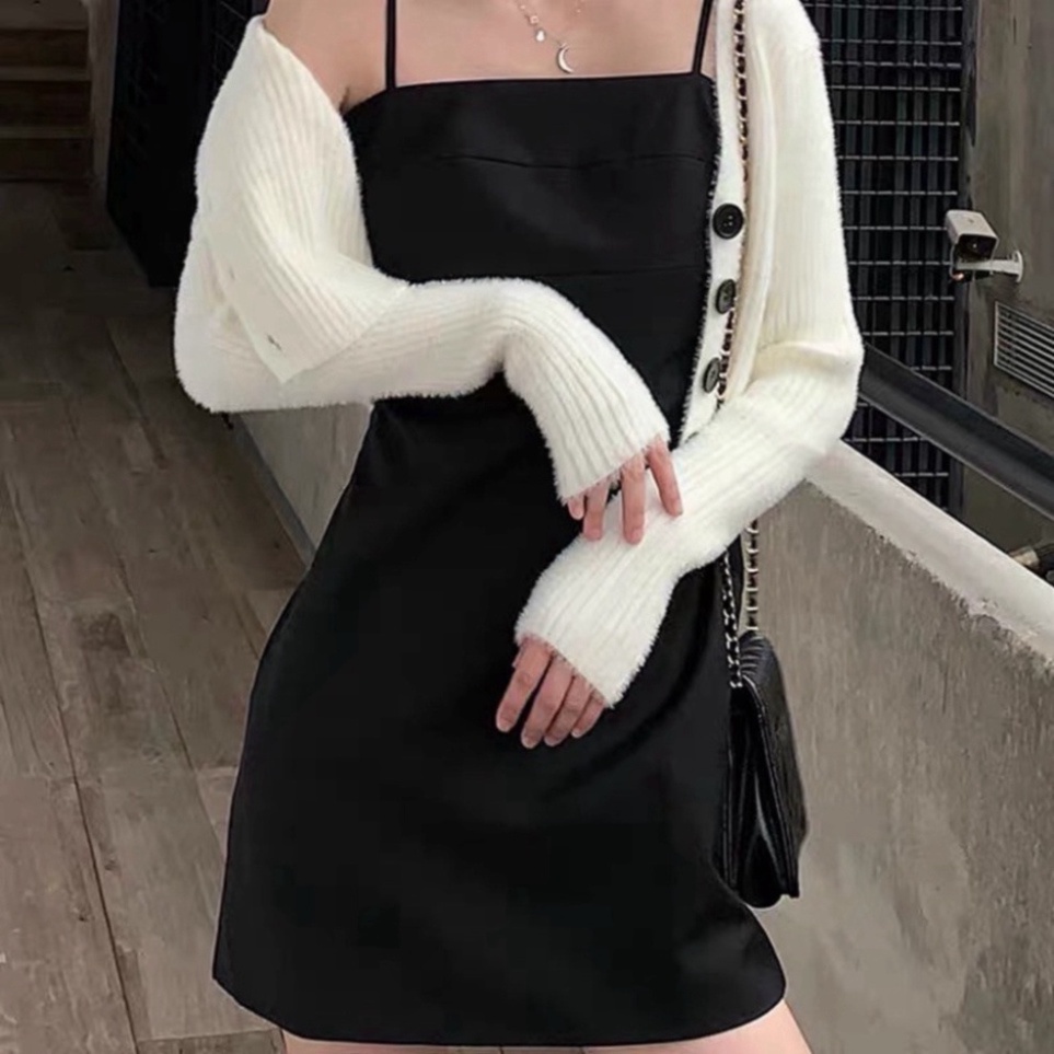 Váy 2 dây trơn đen xa hoa phối hợp Blazer, cardigan siêu chất - Váy hai dây ôm body tôn dáng