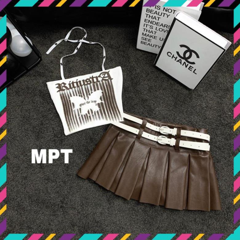 Set đồ áo quây bướm + chân váy da xếp ly