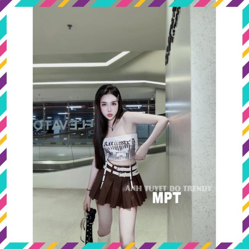 Set đồ áo quây bướm + chân váy da xếp ly