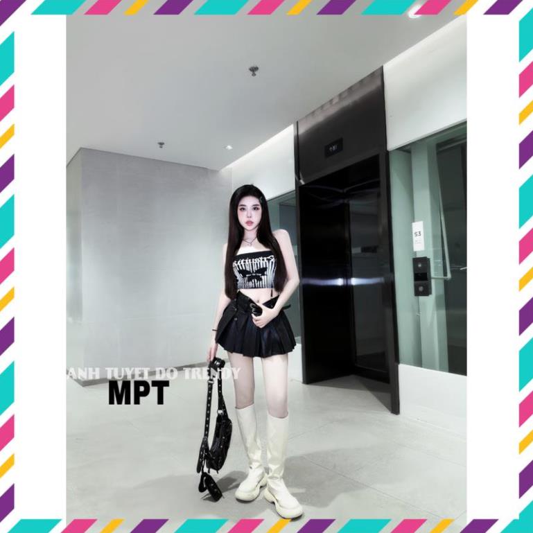 Set đồ áo quây bướm + chân váy da xếp ly