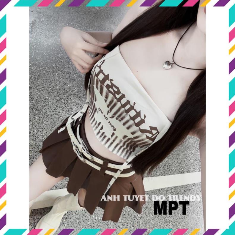 Set đồ áo quây bướm + chân váy da xếp ly