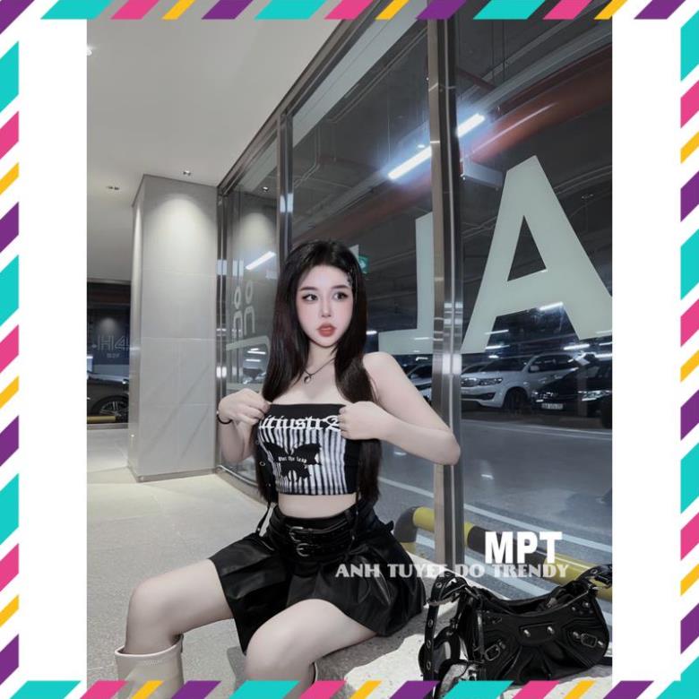 Set đồ áo quây bướm + chân váy da xếp ly