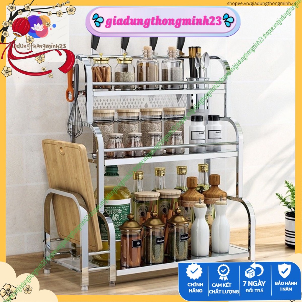 Kệ Gia Vị INOX 304 Đặt Bàn Cao Cấp Không Han Gỉ, (2Tầng và 3 mTầng) Tặng Kèm Khay Để Thớt, Cắm Dao Tiện Dụng .Huệ