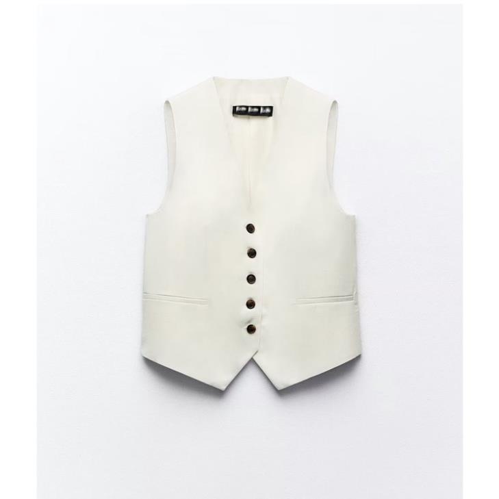 Morocco Zara Áo gile màu kem khuy đen - Luumooc