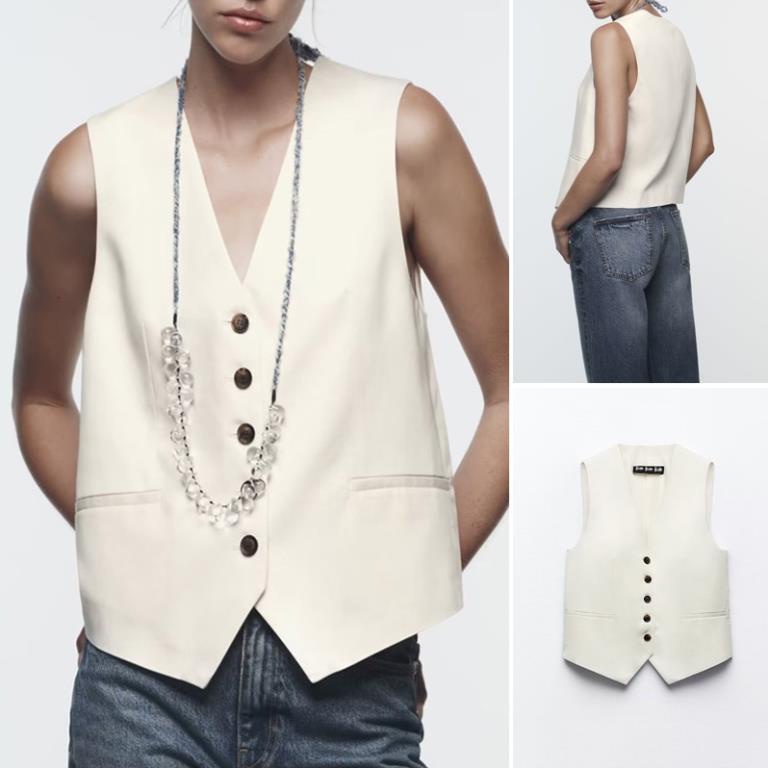 Morocco Zara Áo gile màu kem khuy đen - Luumooc