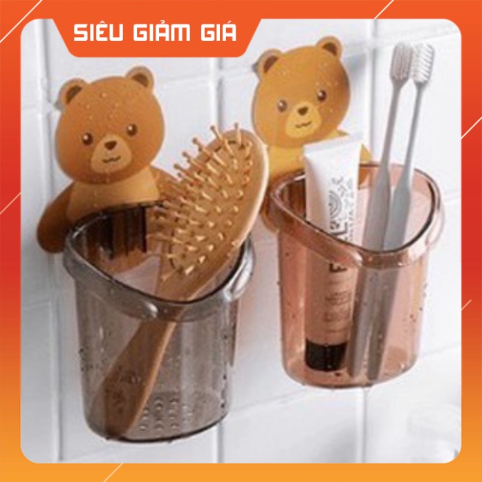 Cốc Đựng Bàn Chải, Kem Đánh Răng Hình Gấu Cute Dính Tường Cam