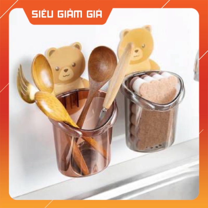 Cốc Đựng Bàn Chải, Kem Đánh Răng Hình Gấu Cute Dính Tường Cam
