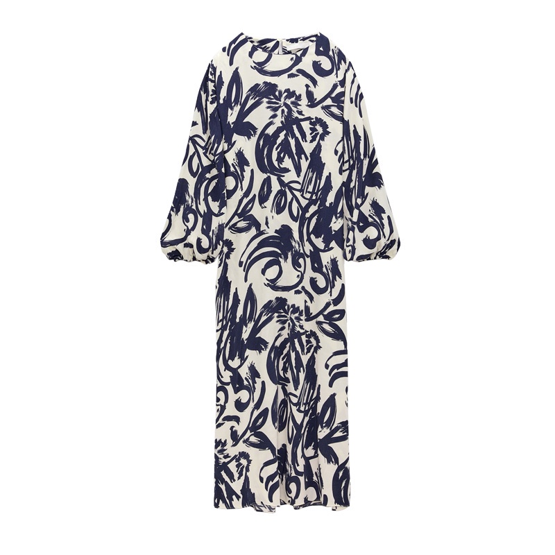 Morocco Zara Đầm Dài Tay In Họa Tiết xanh biển