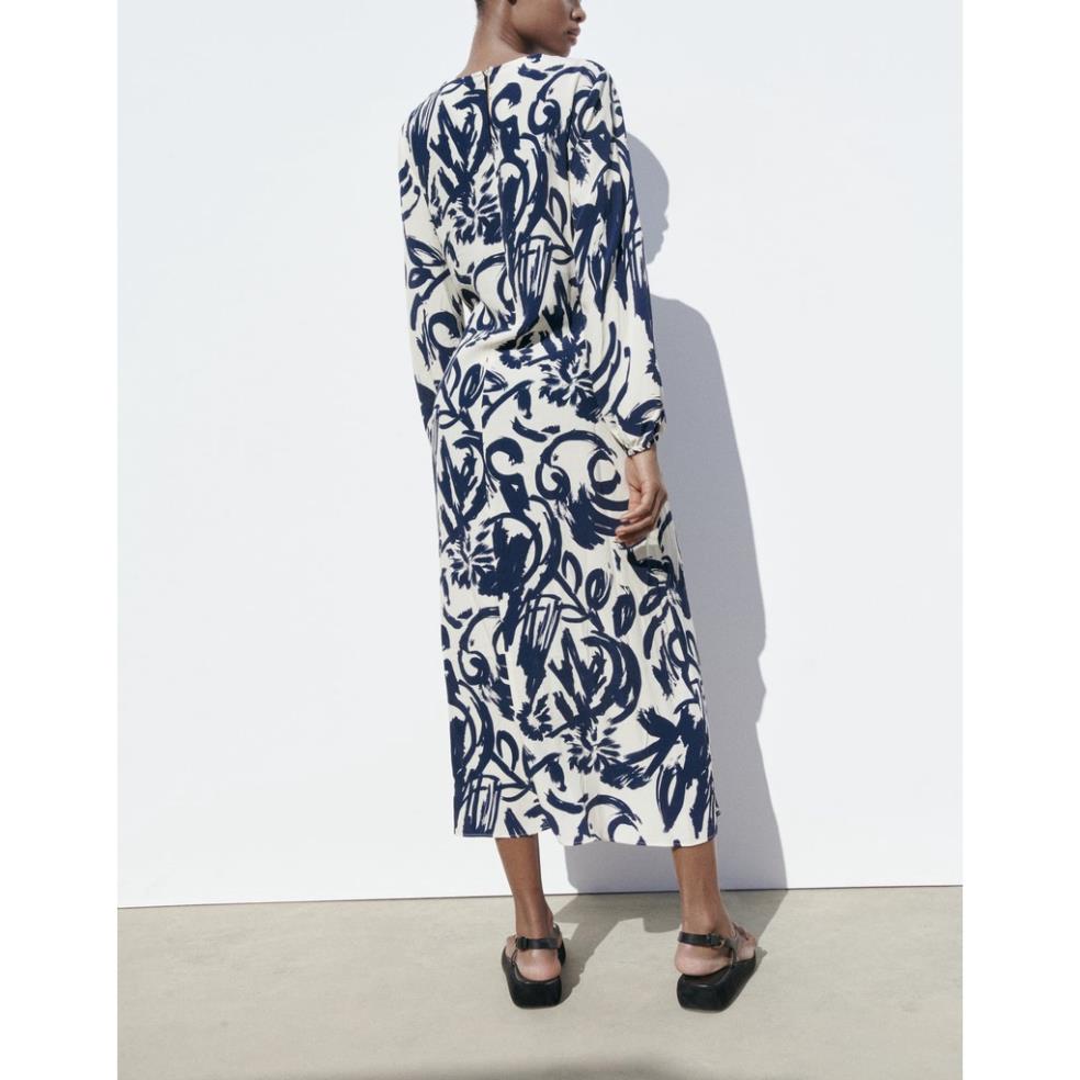 Morocco Zara Đầm Dài Tay In Họa Tiết xanh biển