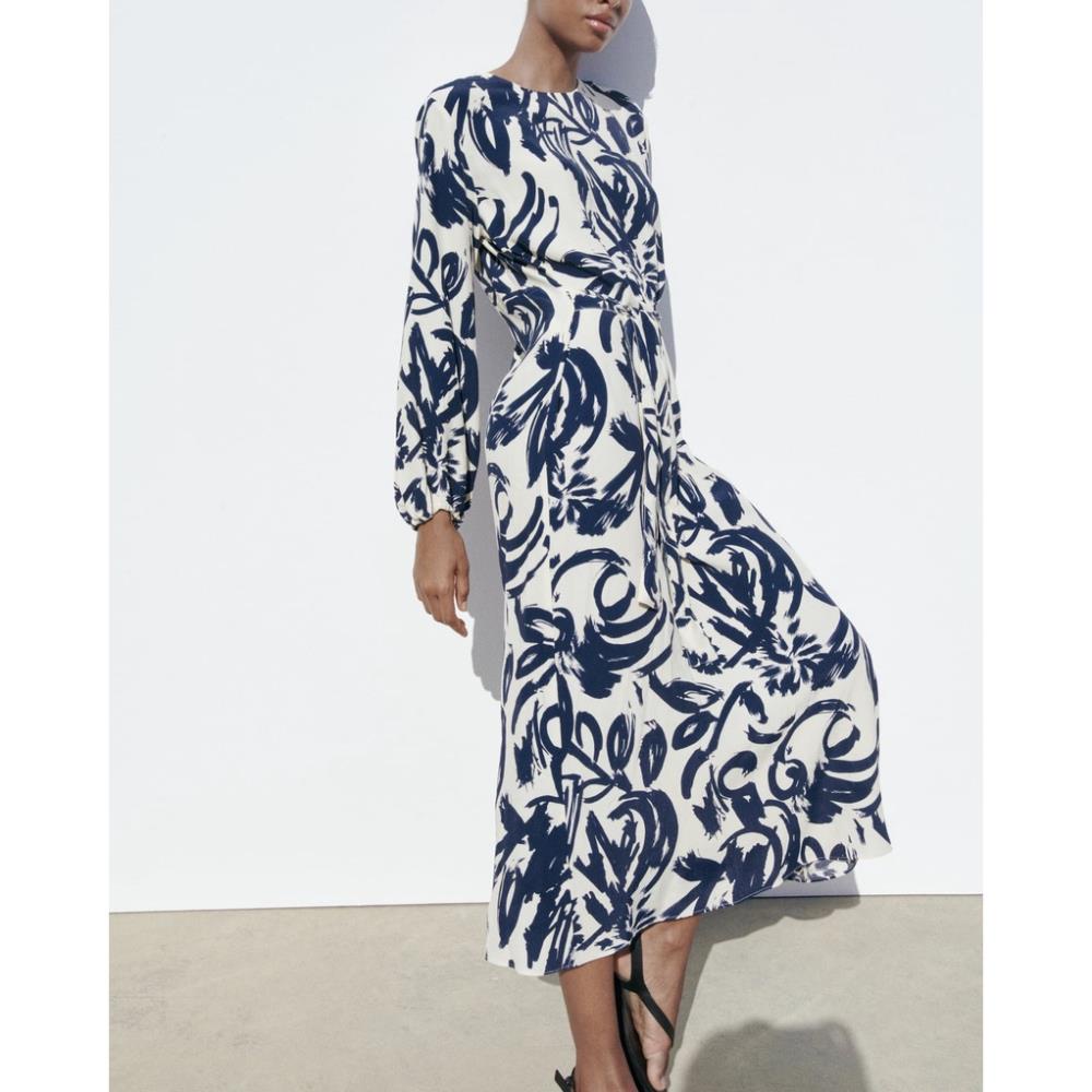 Morocco Zara Đầm Dài Tay In Họa Tiết xanh biển