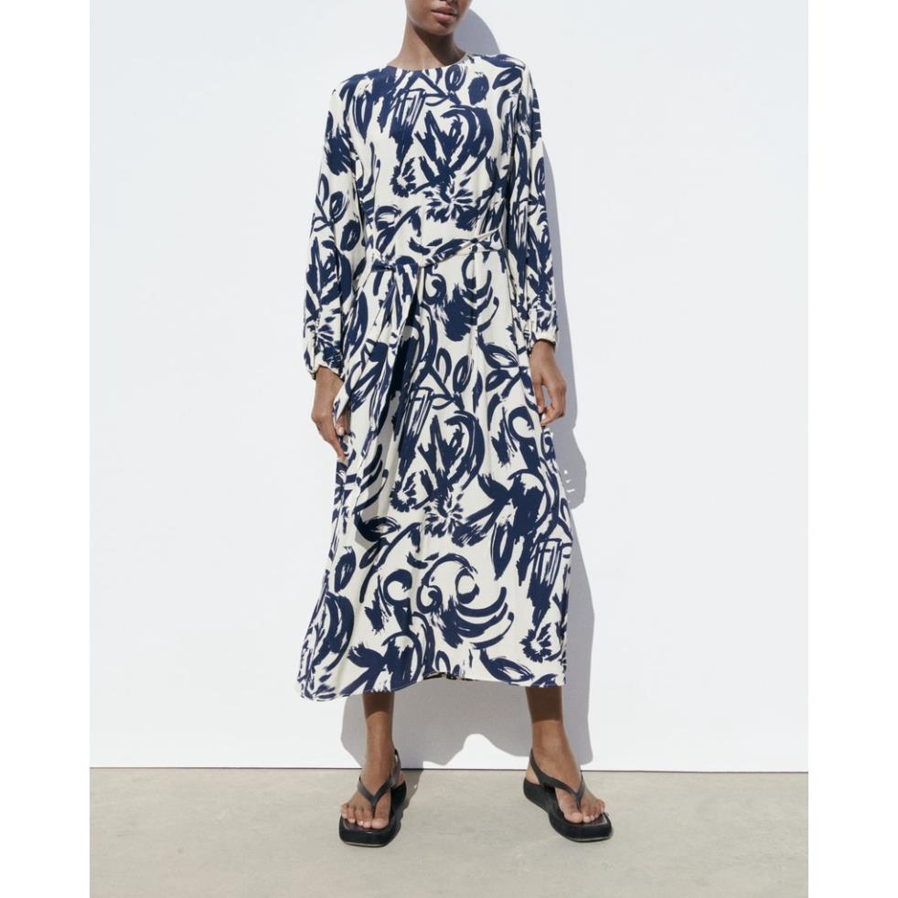 Morocco Zara Đầm Dài Tay In Họa Tiết xanh biển