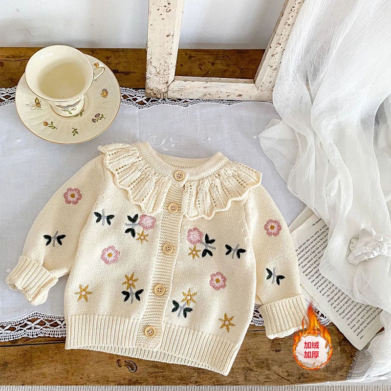 Áo Khoác Len Công Chúa Mùa Thu Và Mùa Đông Thêu Hoa Cổ Lá Sen Đa Năng Cho Bé Gái
