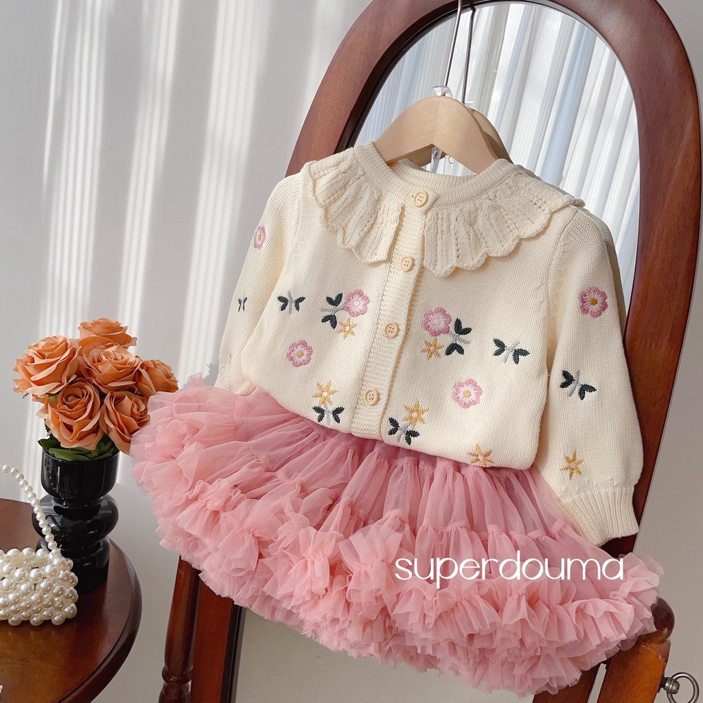 Áo Khoác Len Công Chúa Mùa Thu Và Mùa Đông Thêu Hoa Cổ Lá Sen Đa Năng Cho Bé Gái