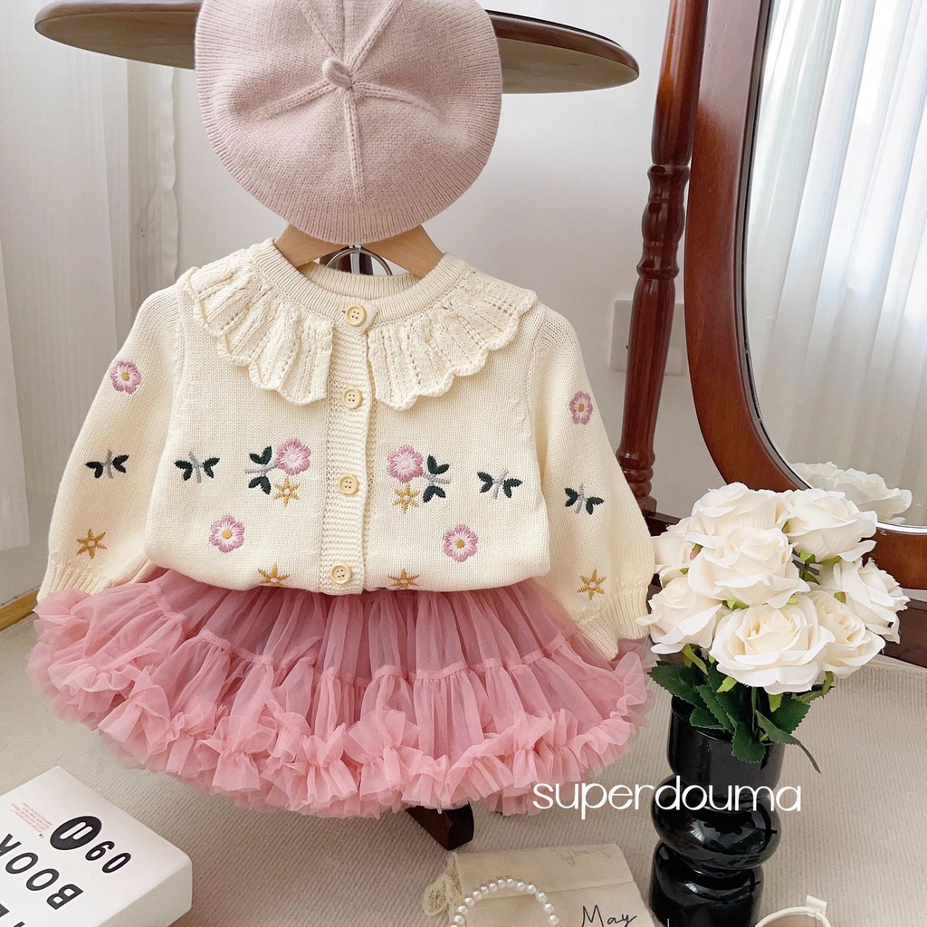 Áo Khoác Len Công Chúa Mùa Thu Và Mùa Đông Thêu Hoa Cổ Lá Sen Đa Năng Cho Bé Gái