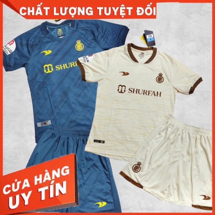 Bộ quần áo đá banh clb bóng đá AL Nassr mới Ronaldo sân nhà khách xanh vàng sữa be than logo vải thá