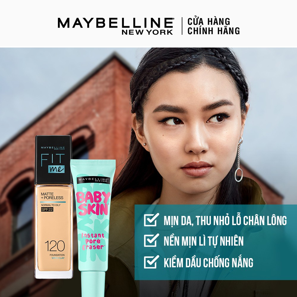 [Bộ trang điểm] Kem nền kiềm dầu chống nắng Fit Me 30ml + Kem lót mịn da Baby Skin 22ml Maybelline New York