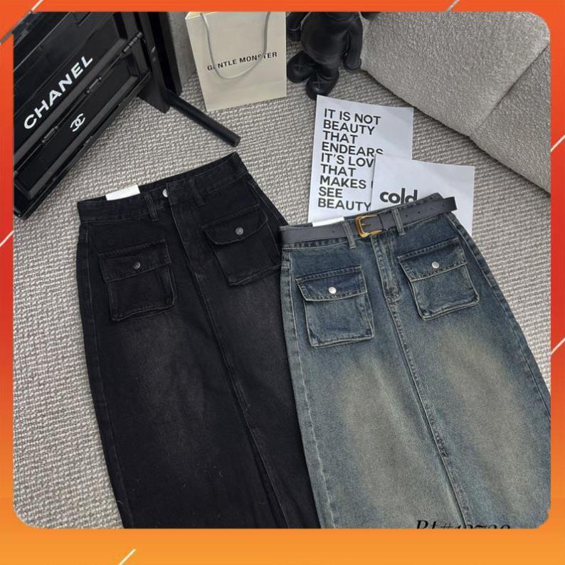 Chân váy jean dáng dài túi hộp , vyanh