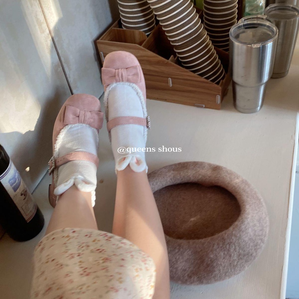 Giày Cao Gót lolita Bằng Len Lông Cừu Phối Nhung Dễ Thương Thời Trang Thu Đông 2023