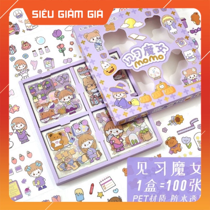 Set hộp 100 tấm sticker 1000 hình dán chống nước nhiều phong cách cute dễ thương Cam