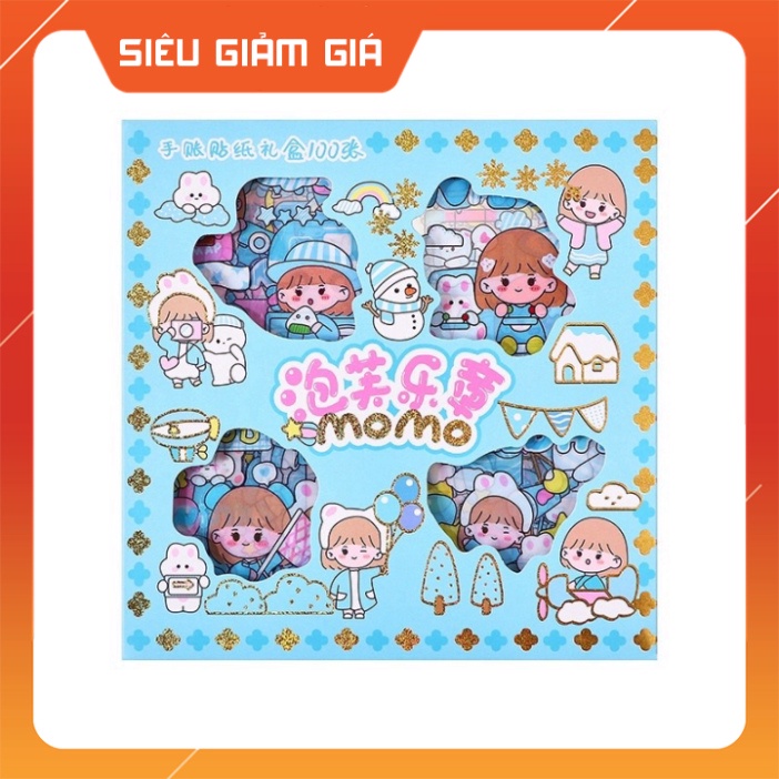 Set hộp 100 tấm sticker 1000 hình dán chống nước nhiều phong cách cute dễ thương Cam