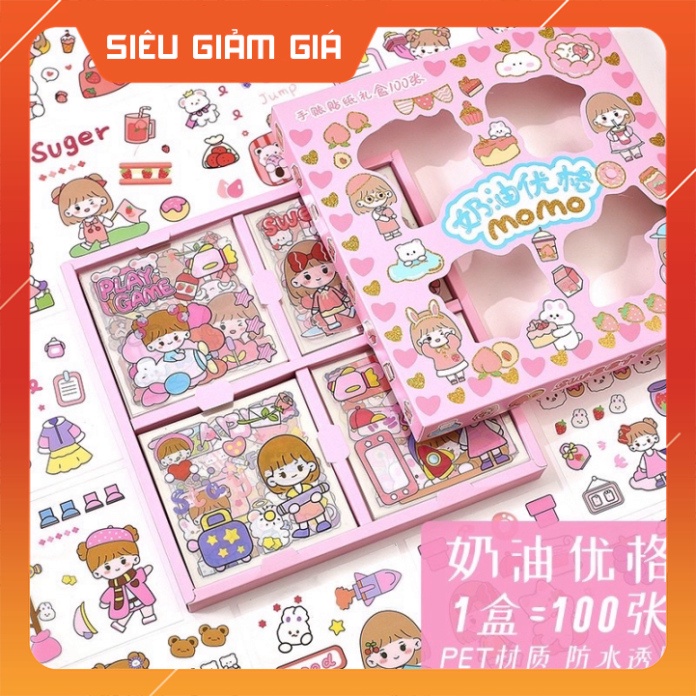 Set hộp 100 tấm sticker 1000 hình dán chống nước nhiều phong cách cute dễ thương Cam