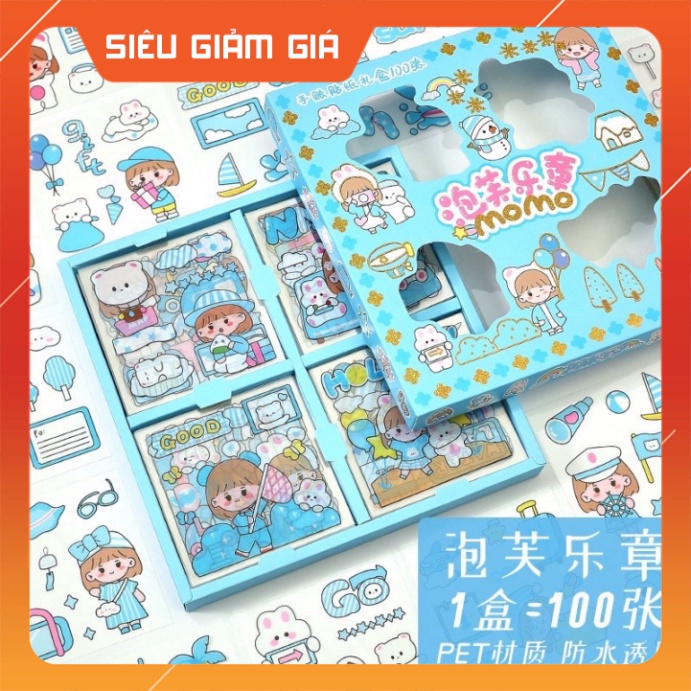 Set hộp 100 tấm sticker 1000 hình dán chống nước nhiều phong cách cute dễ thương Cam