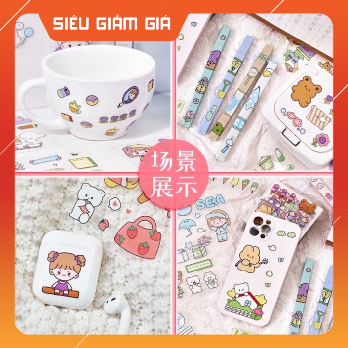 Set hộp 100 tấm sticker 1000 hình dán chống nước nhiều phong cách cute dễ thương Cam