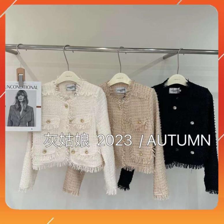Áo khoác dạ tweed tua rua cúc đồng , vyanh