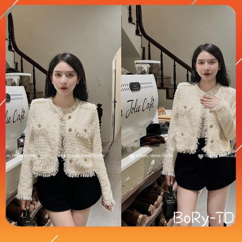 Áo khoác dạ tweed tua rua cúc đồng , vyanh