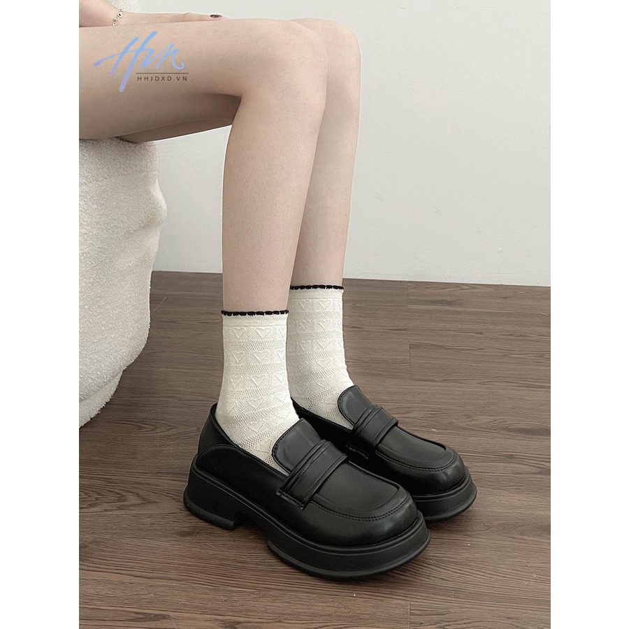 Đen Giày Lười Da Mũi Tròn Đế Dày Phong Cách Anh Quốc Thời Trang Mùa Thu 2023 Cho Nữ