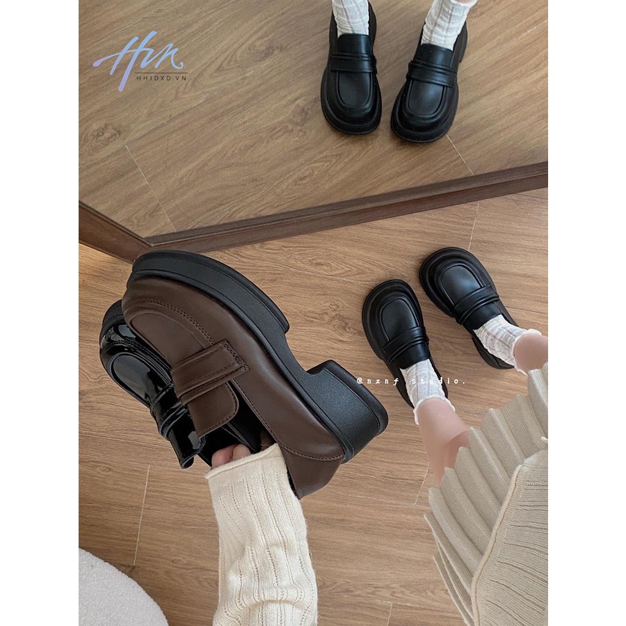 Đen Giày Lười Da Mũi Tròn Đế Dày Phong Cách Anh Quốc Thời Trang Mùa Thu 2023 Cho Nữ