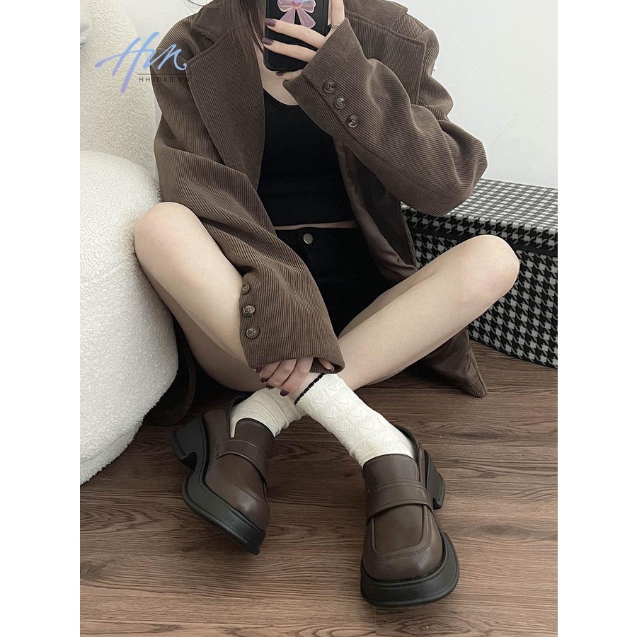 Đen Giày Lười Da Mũi Tròn Đế Dày Phong Cách Anh Quốc Thời Trang Mùa Thu 2023 Cho Nữ