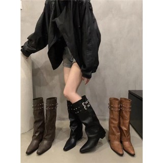 Giày Bốt Mỏng Dáng Dài Đính Đinh Tán Kiểu retro Mỹ Thời Trang Thu Đông Cho Nữ