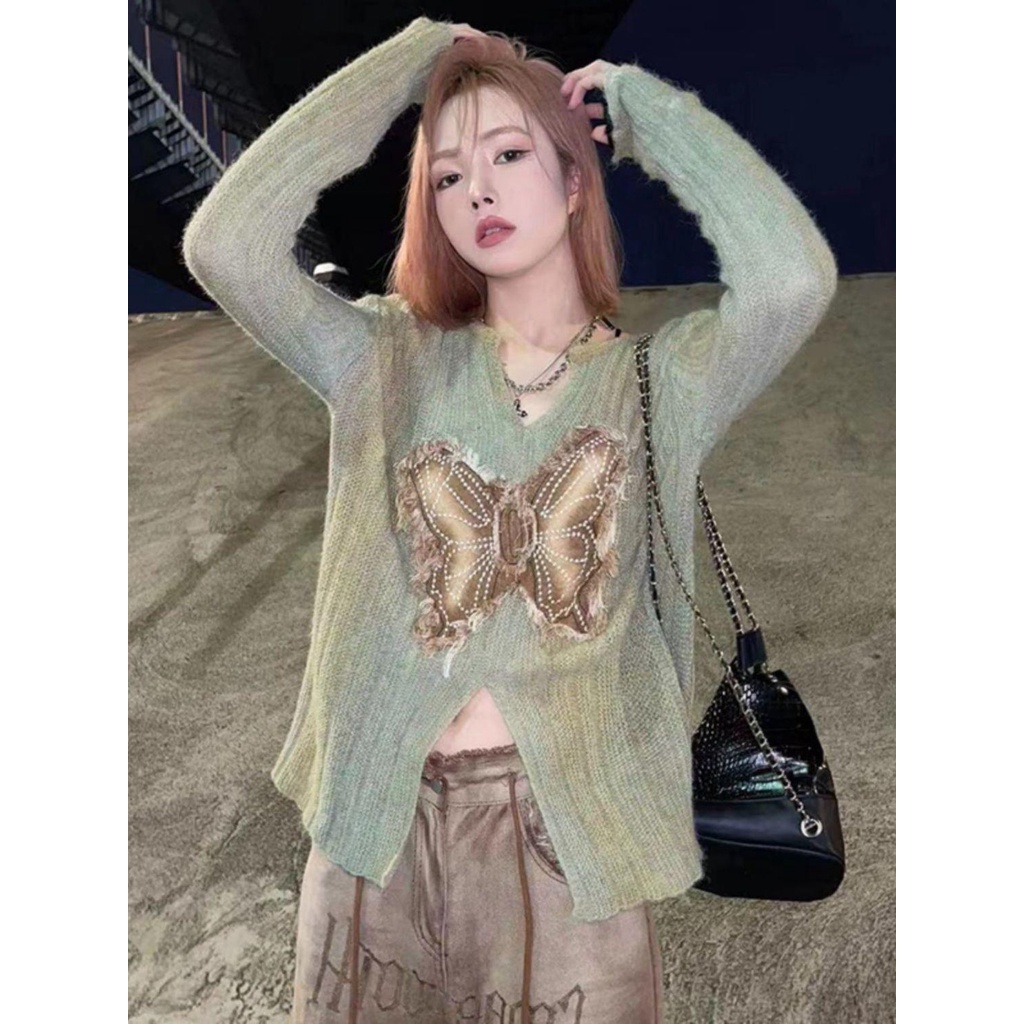 Áo sweater Dệt Kim Đính Nơ Màu gradient Phong Cách Âu Mỹ Cho Nữ