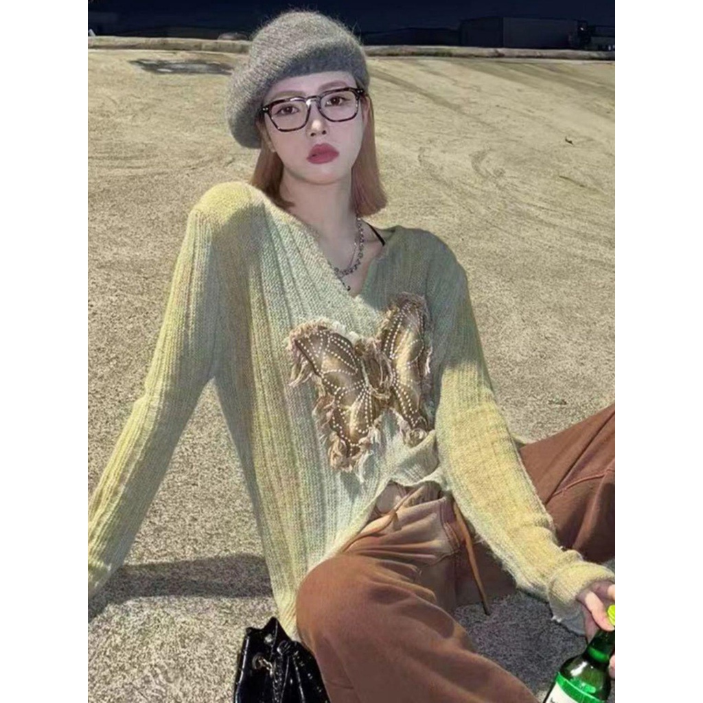 Áo sweater Dệt Kim Đính Nơ Màu gradient Phong Cách Âu Mỹ Cho Nữ