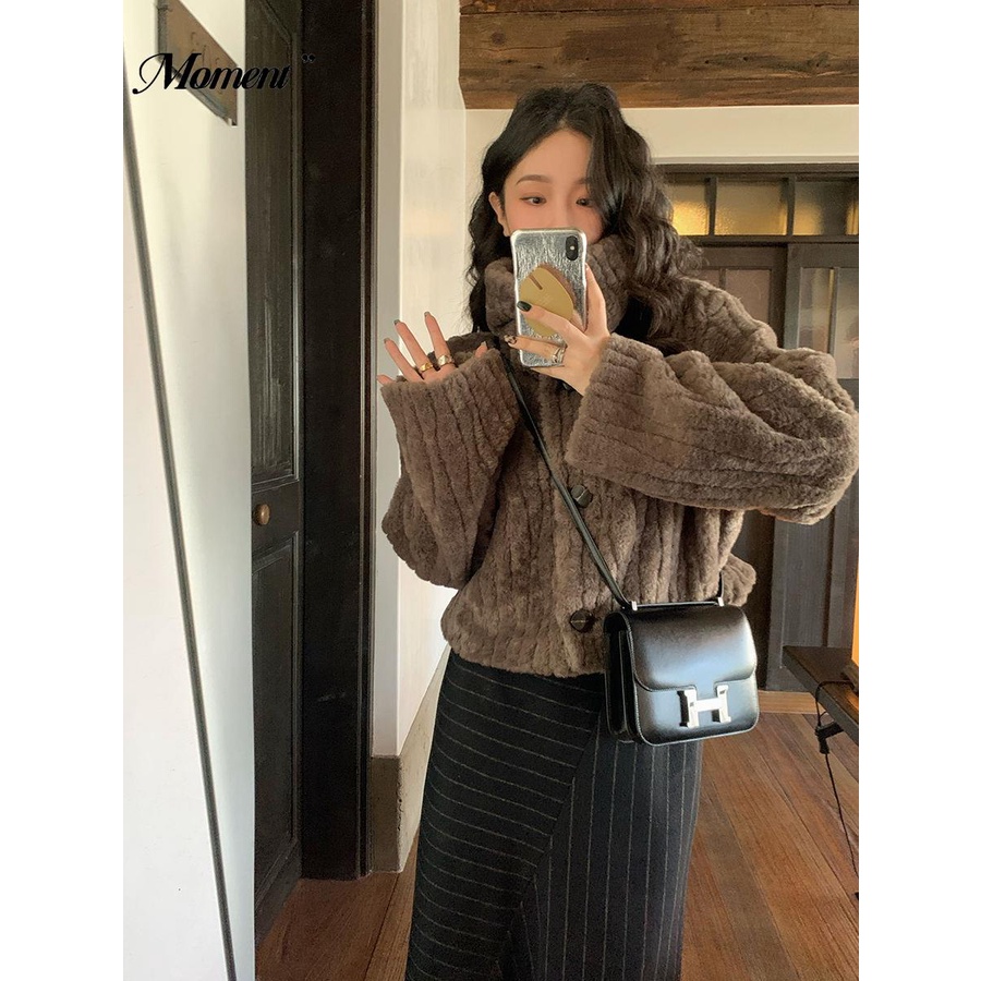 Áo Khoác Lông Dày Ngắn Cổ Đứng Giữ Ấm Mùa Thu Đông Phong Cách retro Cho Nữ